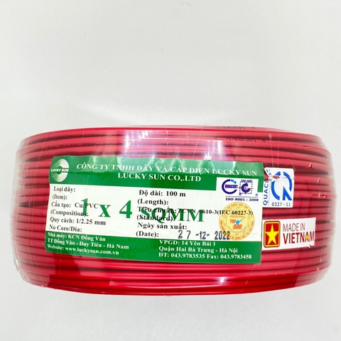 Dây điện đơn 1 sợi đồng cứng 1x4mm2 - 10 mét - Màu ngẫu nhiên