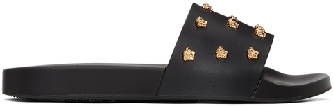 Black Leather Medusa Stud Slides