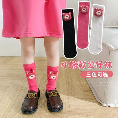 Tất Bốt cao cổ Gấu dâu cho Bé Gái, Tất Trẻ Em 100% Cotton Xuất Nhật Siêu Mềm Mịn
