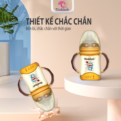 Bình Sữa Cho Bé Kichilachi 240ml Cổ Rộng, Cảm Biến Nhiệt Độ,chất Liệu Ppsu Có Quai Cầm ,núm Ty Siêu Mềm Cho Bé