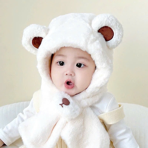Mũ lông gấu kèm khăn cho bé