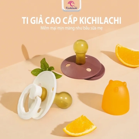 Ti giả cao cấp Kichi siêu mềm có nắp đậy,Ti giả Kichi Ultra Air chỉnh nha, thông khí, đầu dẹt siêu mềm cho bé [Hàng chính hãng]
