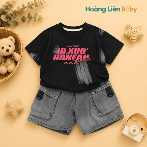 Bộ Áo Thun Cotton Phối Quần Short Jean Túi Hộp Bé Trai Màu Đen Cao Cấp Size 15kg - 40kg