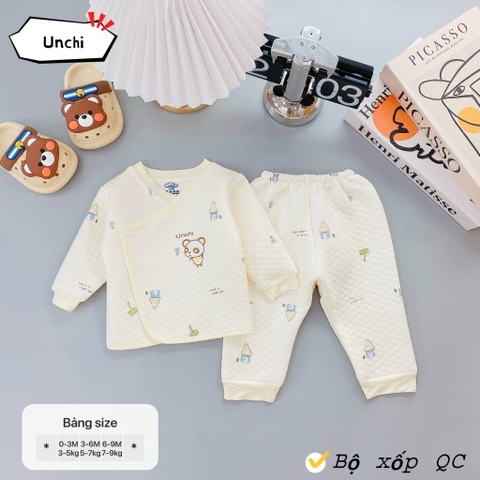 Bộ dài tay quần áo vải xốp trắng Unchi mẫu mới 2024