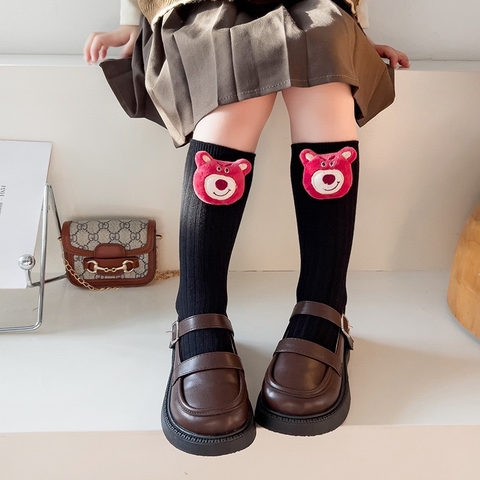 Tất Bốt cao cổ Gấu dâu cho Bé Gái, Tất Trẻ Em 100% Cotton Xuất Nhật Siêu Mềm Mịn