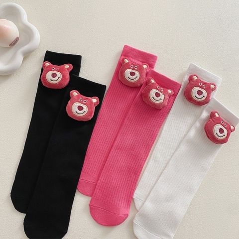 Tất Bốt cao cổ Gấu dâu cho Bé Gái, Tất Trẻ Em 100% Cotton Xuất Nhật Siêu Mềm Mịn