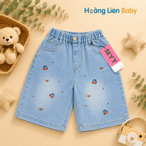 Quần Ngố Jean Bé Gái Thêu Nơ & Quả Cherry Size 31-35