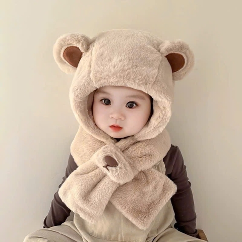 Mũ lông gấu kèm khăn cho bé