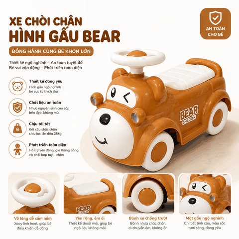 Xe chòi chân hình gấu cho bé bánh xe êm, thiết kế đáng yêu