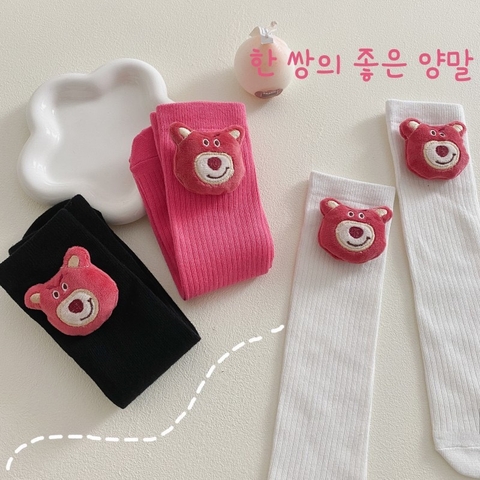 Tất Bốt cao cổ Gấu dâu cho Bé Gái, Tất Trẻ Em 100% Cotton Xuất Nhật Siêu Mềm Mịn