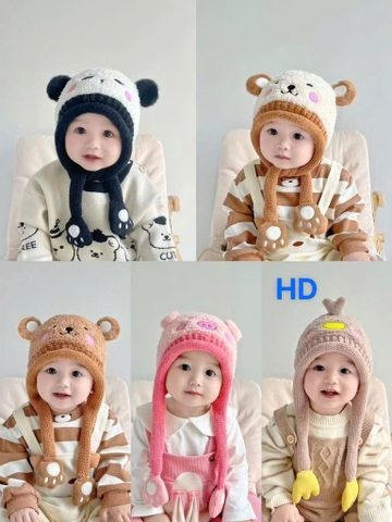 Mũ len thú 2 lớp có dây buộc cho bé