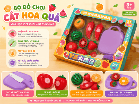 Bộ đồ chơi cắt trái cây cho bé kèm thớt và dao đồ chơi an toàn