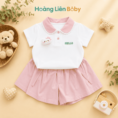 Bộ Polo Bé Gái Áo Trắng Kết Hợp Quần Giả Váy Hồng Cao Cấp Mềm Mát Size 10kg -28kg