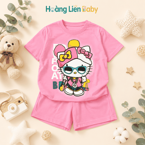 Bộ Cotton Bé Gái Hình Mèo Hello Kitty Màu hồng – Cotton Mềm Mát, Hình In Cách Nhiệt (Size 130–170)