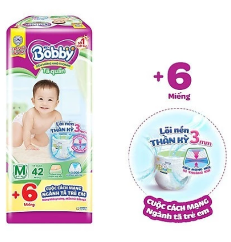 [ Mới] Bỉm Bobby - Tã quần size M siêu khô thoáng 42+ 4 miếng