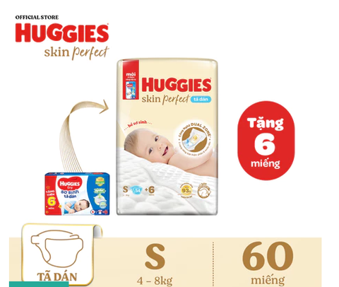 Tã dán sơ sinh Huggies Skin Perfect (S, 4-8kg, 54+6 miếng)