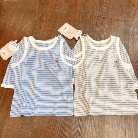 Little love - Bộ cộc tay 3 lỗ bé trai cotton 2 màu kẻ xanh + xám