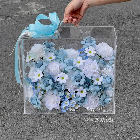 Vali Hoa Sáp Hồng Tỉ Muội Tone Xanh Dương