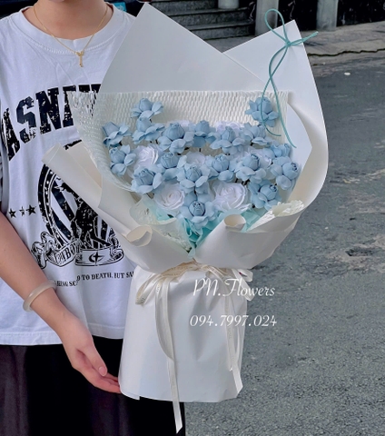 Bó Hoa Sáp 25 Bông Mix Tỉ Muội Tone Xanh