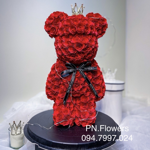 Gấu bearbrick Đỏ hoa giấy mỹ thuật 45cm Fullbox mica trong + Vương Miện+Đèn+Thiệp