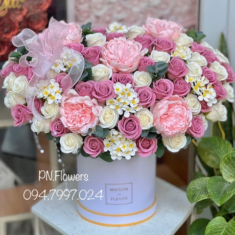 Hoa Sáp Chậu 100 Bông Tone Hồng Nude