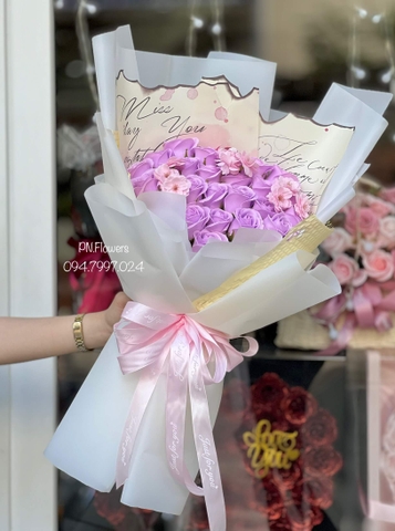 Hoa sáp 28 bông tím nhạt mix anh đào