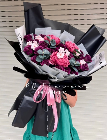 Hoa Hồng Sáp 50 Bông Tím Than Mix Mẫu Đơn