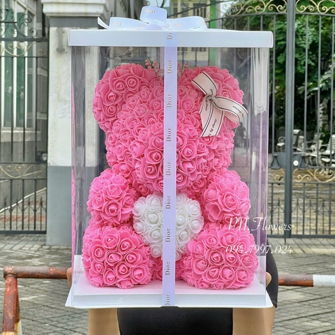 Gấu Teddy Hồng Đậm Ôm Tim 45cm Fullbox mica trong+Vương Miện+Đèn+Thiệp