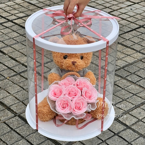 Gấu Teddy Ôm Hoa Ecuador Hồng Phấn 35cm Fullbox Mica trong+Vương Miện