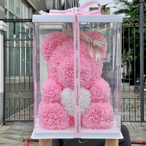 Gấu Teddy Hồng Ôm Tim 45cm Fullbox mica trong+Vương Miện+Đèn+Thiệp