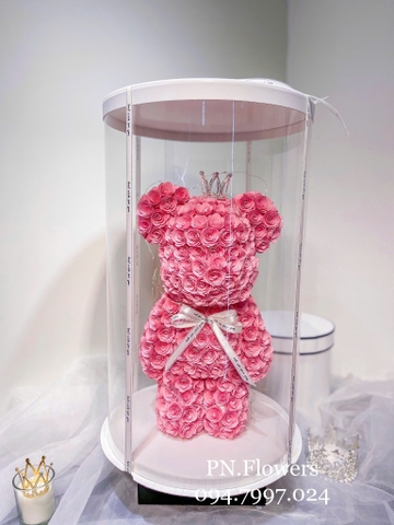 Gấu bearbrick Hồng hoa giấy mỹ thuật 45cm Fullbox mica trong + Vương Miện+Đèn+Thiệp