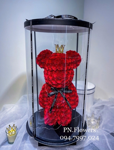 Gấu bearbrick Đỏ hoa giấy mỹ thuật 45cm Fullbox mica trong + Vương Miện+Đèn+Thiệp
