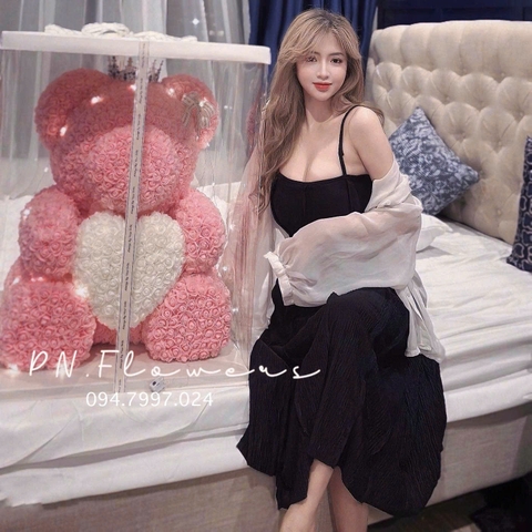 Gấu Teddy Hồng Cam Ôm Tim Hoa Xốp 80cm Fullbox Mica Vương Miện +Đèn+Thiệp