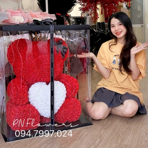 Gấu Teddy Đỏ Ôm Tim Hoa Xốp 80cm Fullbox Mica Vương Miện +Đèn+Thiệp