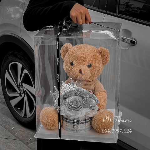 Gấu Teddy Ôm Hoa Kim Tuyến 45cm Fullbox Mica trong+Vương Miện