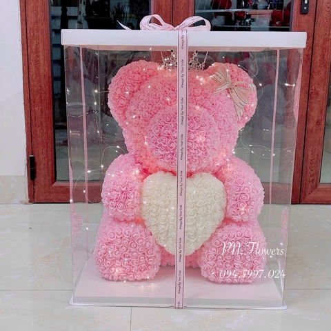 Gấu Teddy Hồng Phấn Ôm Tim Hoa Xốp 80cm Fullbox Mica Vương Miện +Đèn+Thiệp