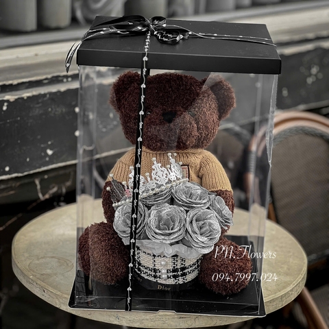 Gấu Teddy Ôm Hoa Kim Tuyến Bạc 45cm Fullbox