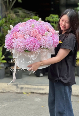 Chậu Hoa Cẩm Tú Cầu Lụa Mix Tone Hồng