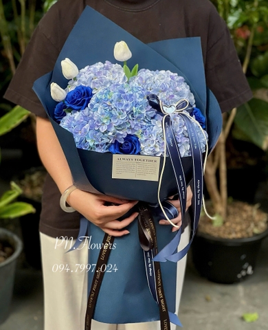 Bó Hoa Cẩm Tú Cầu Lụa 5 Bông Mix Tone Xanh Dương