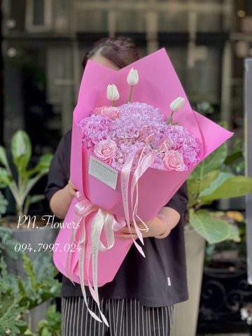 Bó Hoa Cẩm Tú Cầu Lụa 5 Bông Mix Tone Hồng