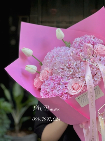 Bó Hoa Cẩm Tú Cầu Lụa 5 Bông Mix Tone Hồng