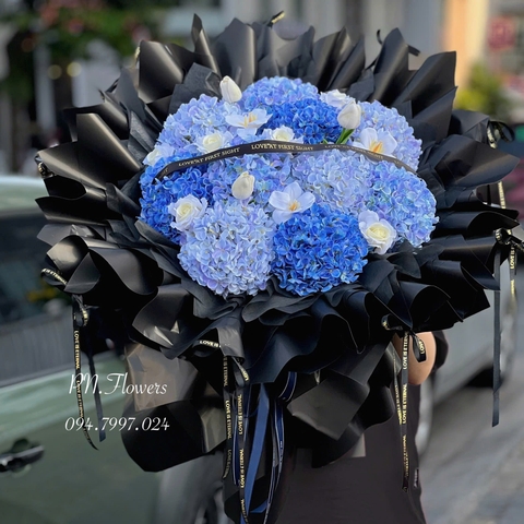 Bó Hoa Cẩm Tú Cầu Lụa To 10 Bông Tone Xanh