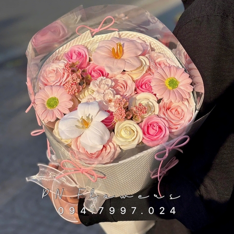 Bó Hoa Sáp Thơm Mix 23 Bông Tone Hồng Kiểu Tròn