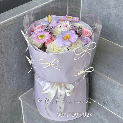 Bó Hoa Sáp Thơm Mix 23 Bông Tone Tím Kiểu Tròn