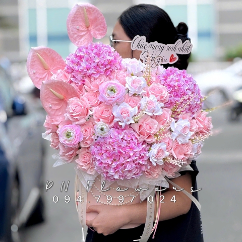 Chậu Hoa Cẩm Tú Cầu Lụa Mix Hoa Sáp Tone Hồng