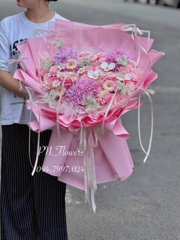 Bó Hoa Cẩm Tú Cầu Lụa Mix Tone Hồng
