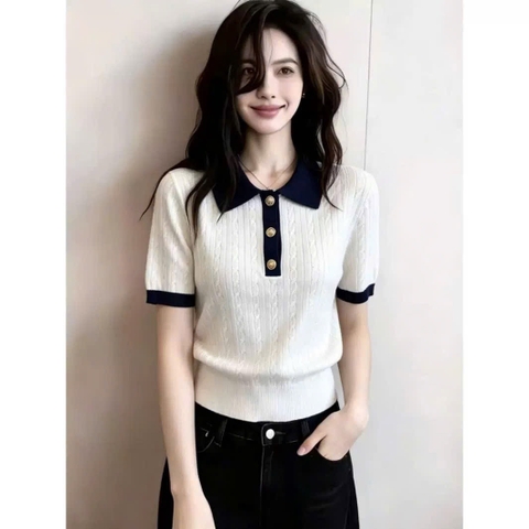 ÁO LEN TRẮNG CỔ POLO PHỐI MÀU NAVY C26072305