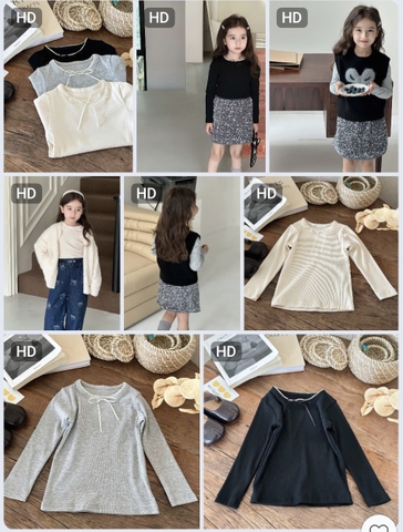 Áo dài tay chất tăm cổ viền ren bé gái T2608173