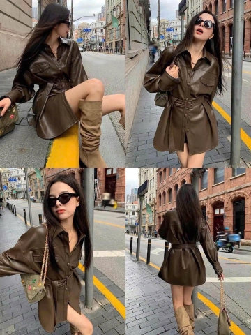 Áo da màu nâu tây dáng dài H26072002