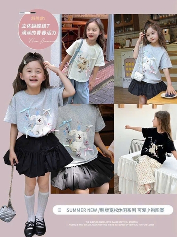 Áo phông xinh phối họa tiết nơ cún xinh nhà AMBB T26030104